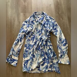 Rumer Amalfi blue & white bell sleeve collared wrap front mini linen blend dress